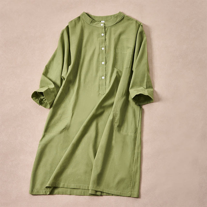 Buddha Stones Fall Solid Color Buttons Design Three Quarter Sleeve Cotton Women's Shirts With Pockets - image 7