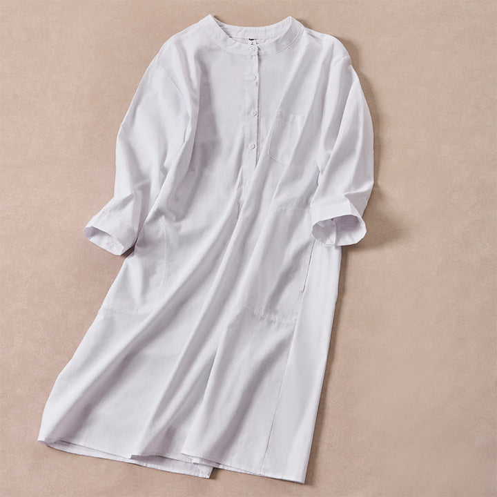 Buddha Stones Fall Solid Color Buttons Design Three Quarter Sleeve Cotton Women's Midi Dress With Pockets - image 9