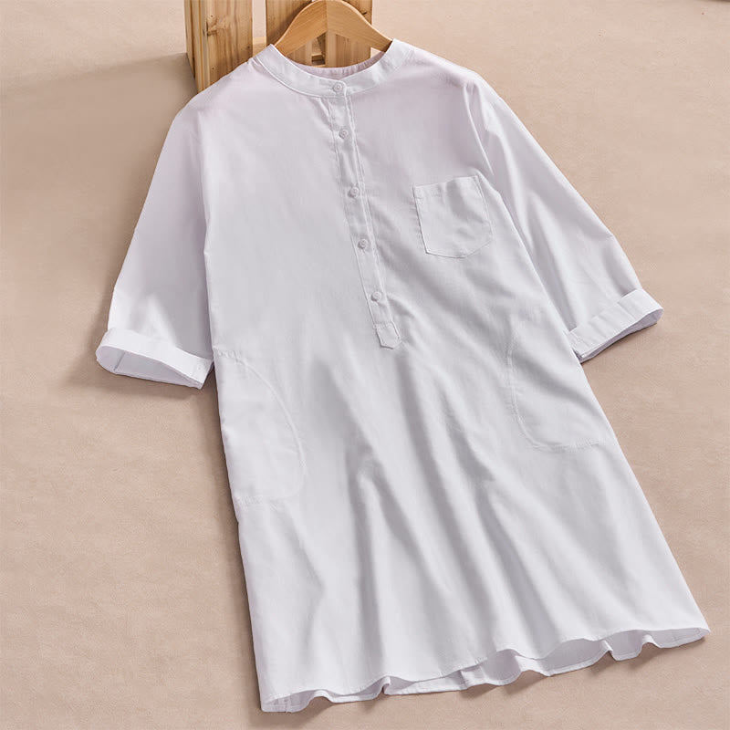 Buddha Stones Fall Solid Color Buttons Design Three Quarter Sleeve Cotton Women's Midi Dress With Pockets - White - US14，UK/AU18，EU46 (2XL) - image 8