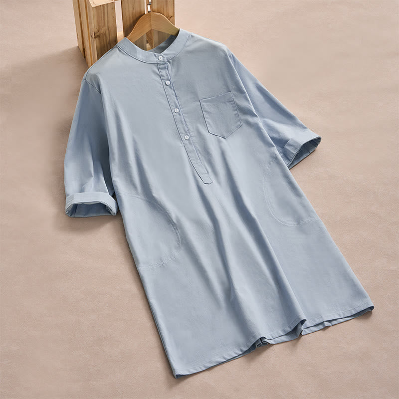 Buddha Stones Fall Solid Color Buttons Design Three Quarter Sleeve Cotton Women's Midi Dress With Pockets - LightBlue - US14，UK/AU18，EU46 (2XL) - image 0