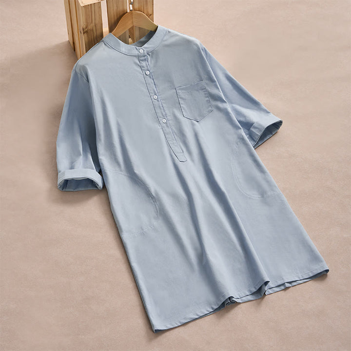 Buddha Stones Fall Solid Color Buttons Design Three Quarter Sleeve Cotton Women's Midi Dress With Pockets - LightBlue - US14，UK/AU18，EU46 (2XL) - image 0