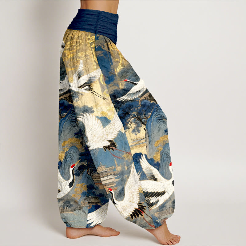 Buddha Stones Pure Cotton Gorgeous Crane Mountain Pine Tree Pattern Women's Elastic Waist Harem Pants - image 2