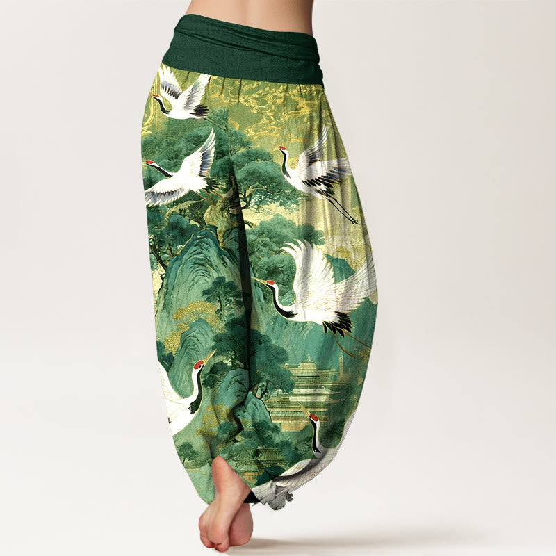 Buddha Stones Pure Cotton Gorgeous Crane Mountain Pine Tree Pattern Women's Elastic Waist Harem Pants - image 9