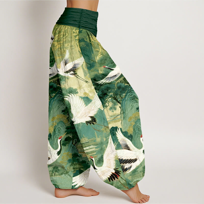 Buddha Stones Pure Cotton Gorgeous Crane Mountain Pine Tree Pattern Women's Elastic Waist Harem Pants - image 10