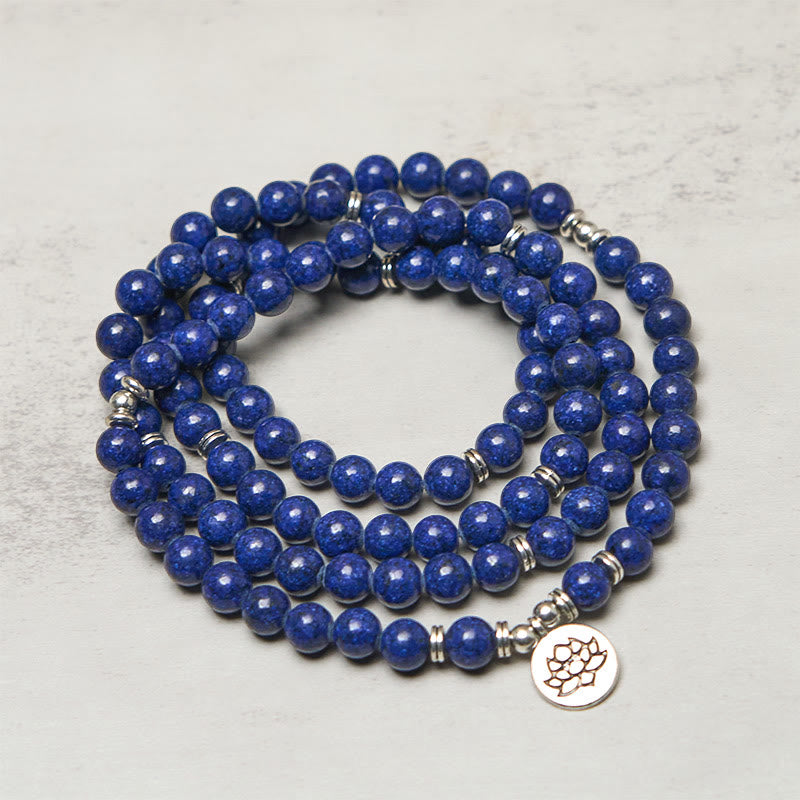 Buddha Stones 108 Beads Lazurite Lapis Lazuli Lotus Symbol Charm Positive Mala - image 1