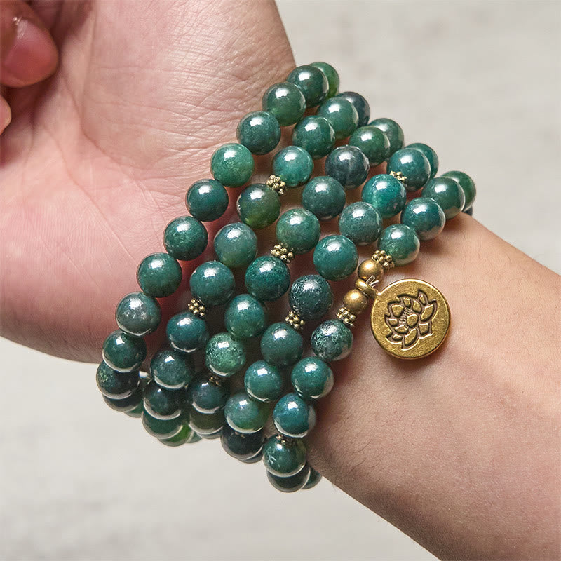 Buddha Stones Lotus Symbol Charm Round Bead Moss Agate Healing Mala - image 3