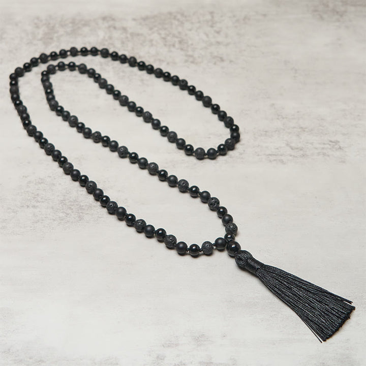 Buddha Stones 8mm Beads Black Onyx Lava Rock Tassel Protection Fortune Mala - image 2