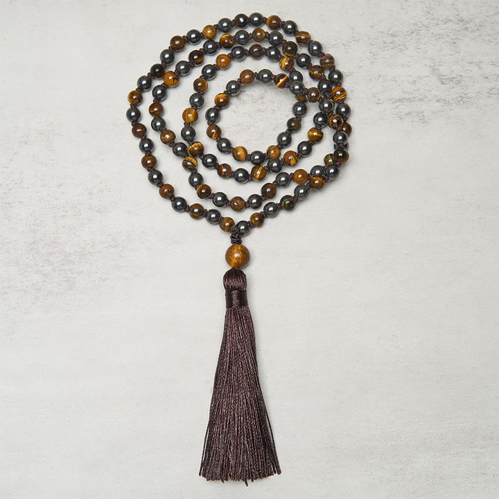 Buddha Stones 108 Beads Tiger Eye Hematite Tassel Courage Strength Mala - image 1