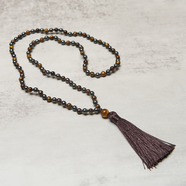 Buddha Stones 108 Beads Tiger Eye Hematite Tassel Courage Strength Mala - image 2
