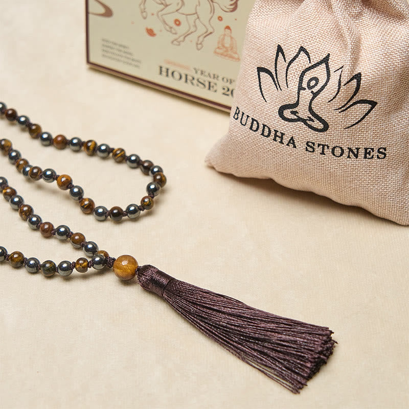 Buddha Stones 108 Beads Tiger Eye Hematite Tassel Courage Strength Mala - image 6