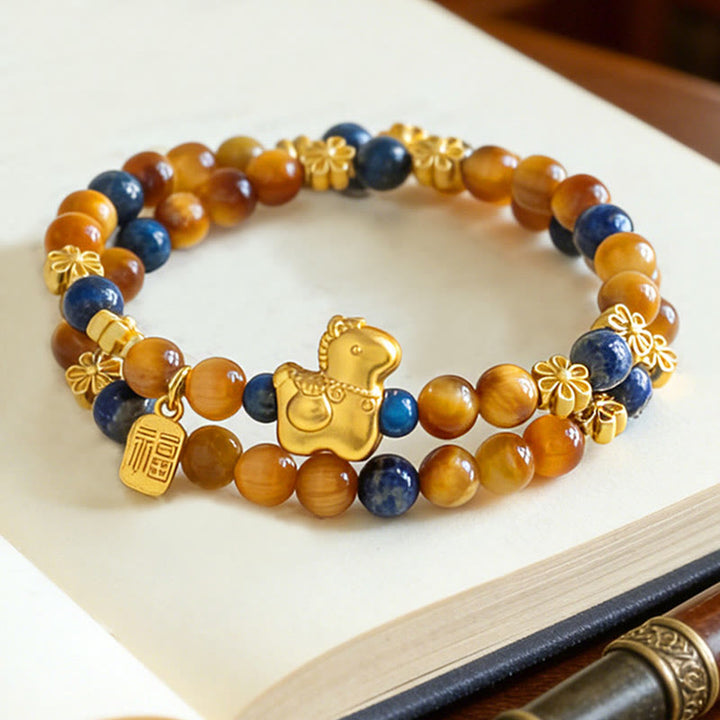 Buddha Stones Year Of The Horse Fu Character Lazurite Lapis Lazuli Tiger Eye Serenity Double Wrap Bracelet - Lazurite Tiger Eye Horse (Wrist Circumference: 14-15cm) - image 0