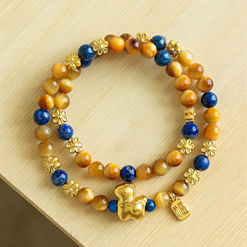 Buddha Stones Year Of The Horse Fu Character Lazurite Lapis Lazuli Tiger Eye Serenity Double Wrap Bracelet - image 1