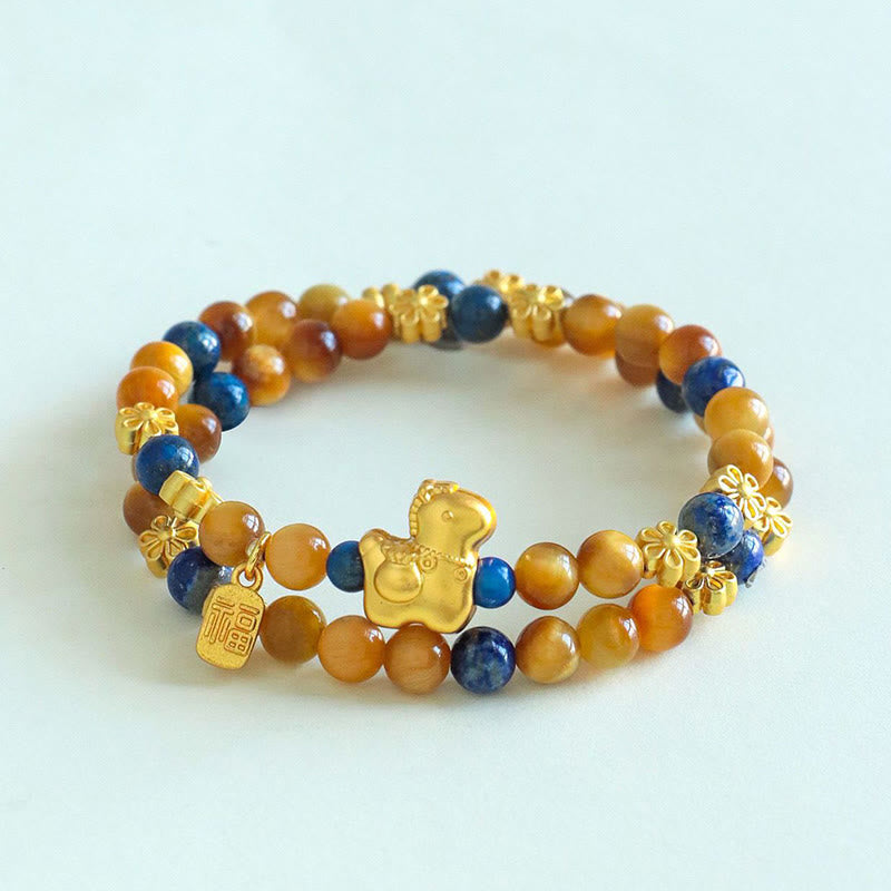 Buddha Stones Year Of The Horse Fu Character Lazurite Tiger Eye Serenity Double Wrap Bracelet - image 10