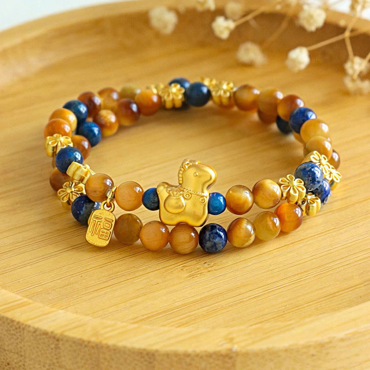 Buddha Stones Year Of The Horse Fu Character Lazurite Lapis Lazuli Tiger Eye Serenity Double Wrap Bracelet - image 2