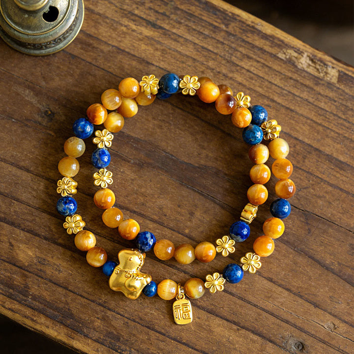 Buddha Stones Year Of The Horse Fu Character Lazurite Tiger Eye Serenity Double Wrap Bracelet - image 3