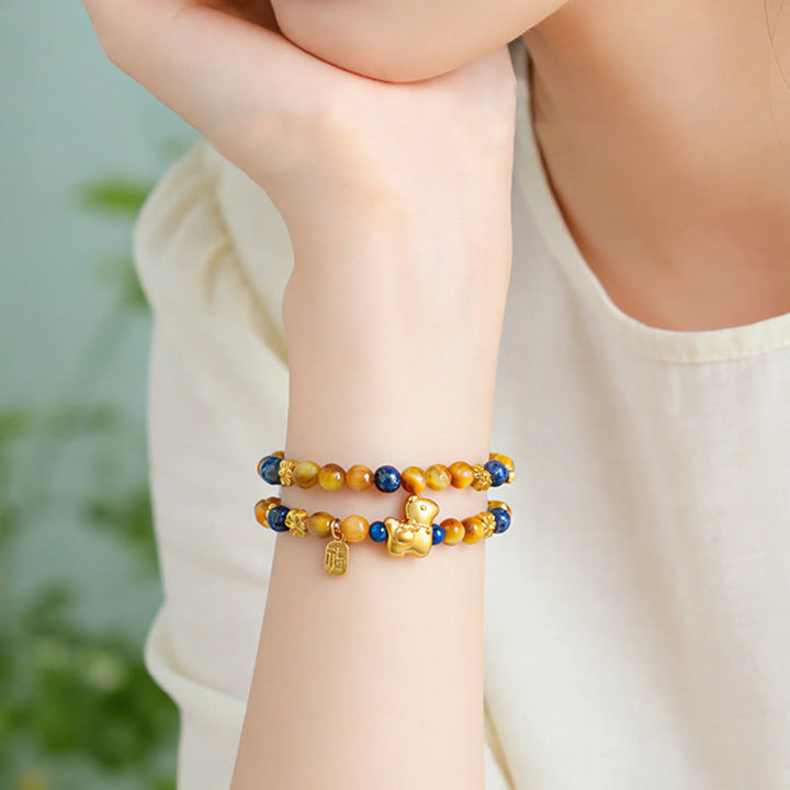 Buddha Stones Year Of The Horse Fu Character Lazurite Tiger Eye Serenity Double Wrap Bracelet - image 4