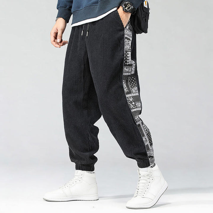 Buddha Stones Fall Solid Drawstring Side Paisley Pattern Straight Leg Ankle-length Corduroy Men's Pants With Pockets - image 1