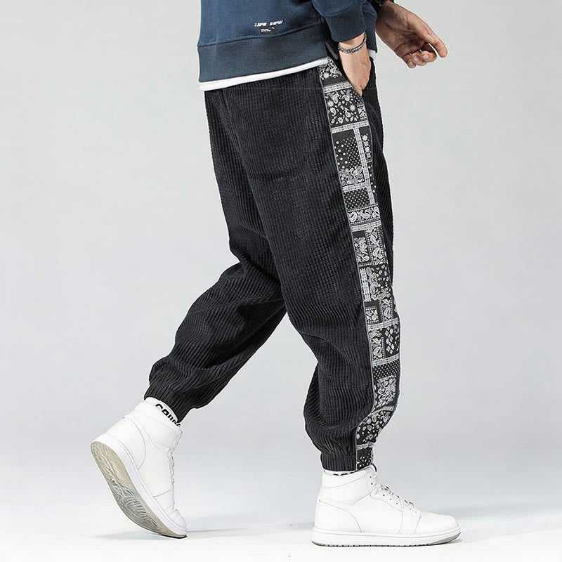 Buddha Stones Fall Solid Drawstring Side Paisley Pattern Straight Leg Ankle-length Corduroy Men's Pants With Pockets - image 6
