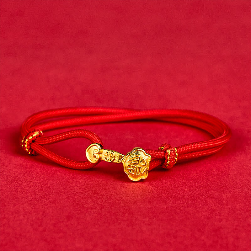 Buddha Stones Ruyi Handle Fu Character Copper Plated Gold Rope Adjustable Luck Bracelet - image 1