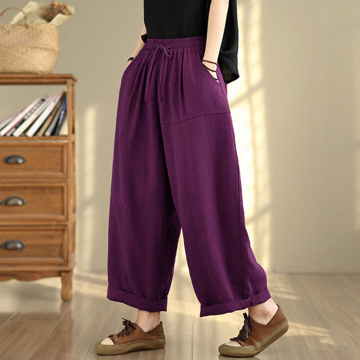 Buddha Stones Women's Fall Plain Color Drawstring Cotton Linen 7-8 Length Pants With Pockets - image 16