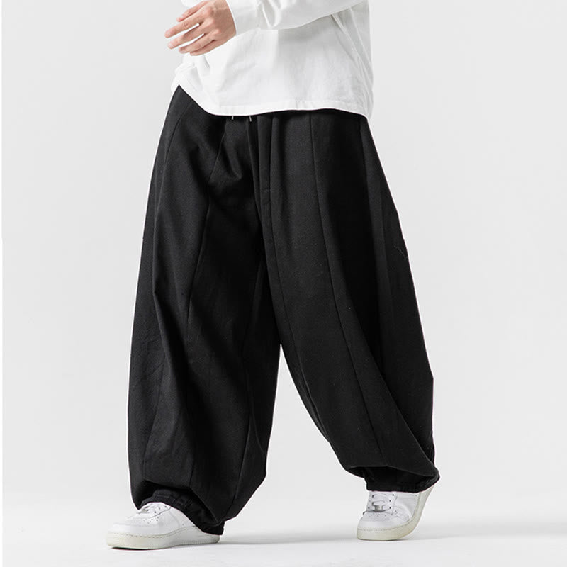 Buddha Stones Winter Commute Plain Drawstring Design Men's Wide Leg Cotton Pants With Pockets - image 44