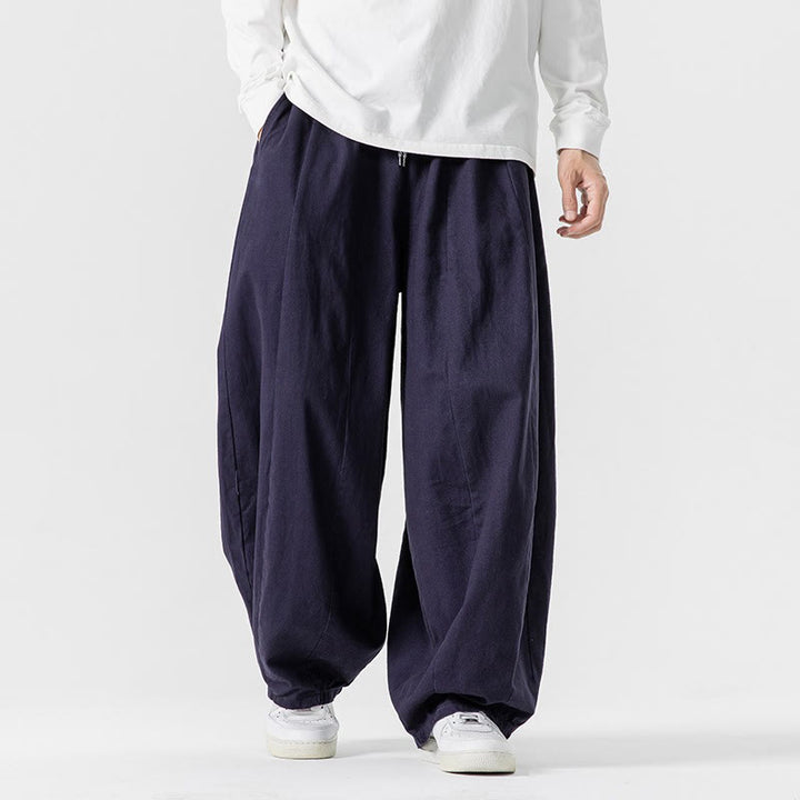 Buddha Stones Winter Commute Plain Drawstring Design Men's Wide Leg Cotton Pants With Pockets - image 0