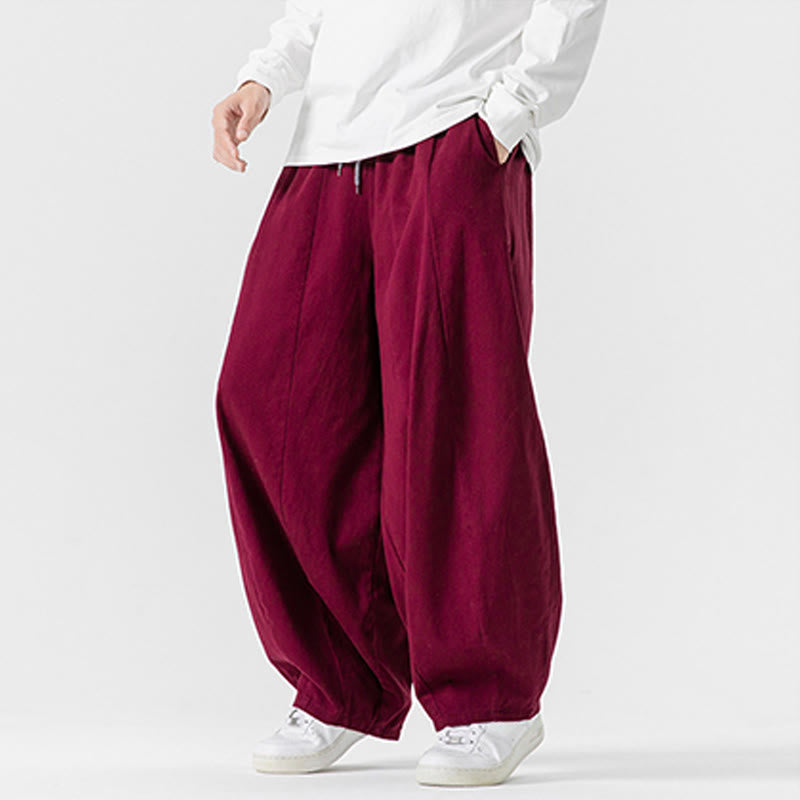 Buddha Stones Winter Commute Plain Drawstring Design Men's Wide Leg Cotton Pants With Pockets - image 35