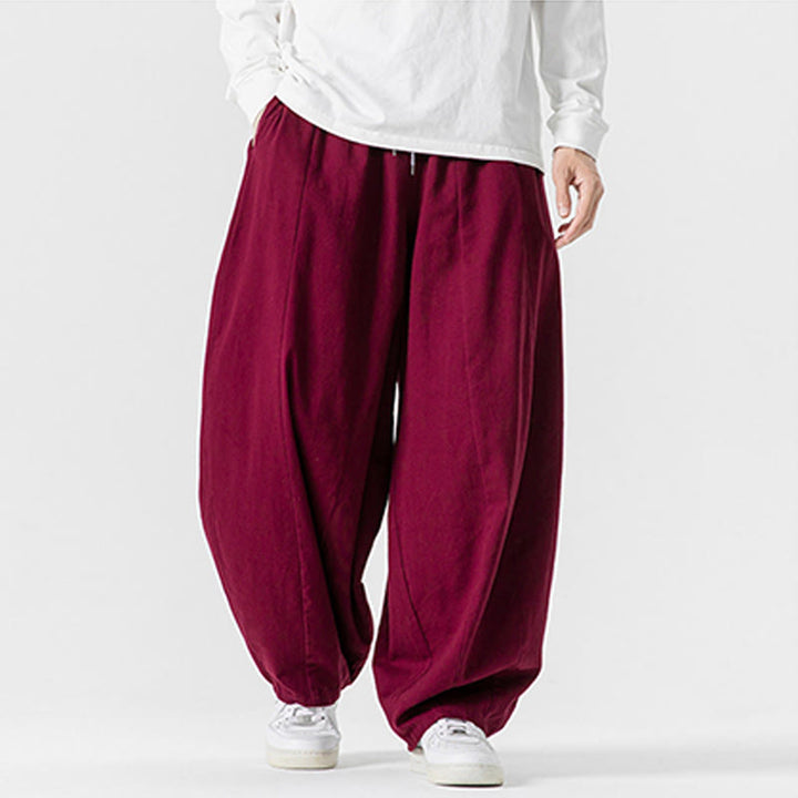 Buddha Stones Winter Commute Plain Drawstring Design Men's Wide Leg Cotton Pants With Pockets - image 32