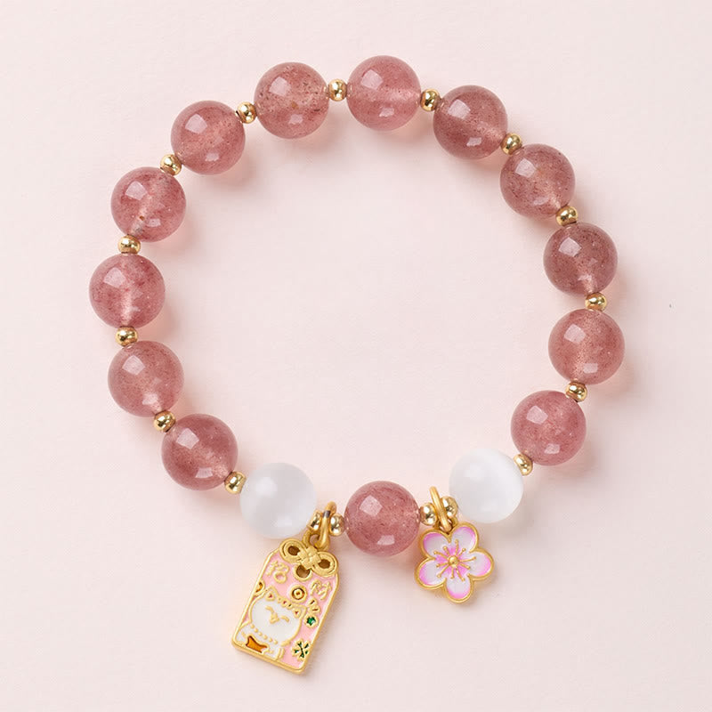Buddha Stones Lucky Cat Peach Blossoms Charm Strawberry Quartz White Cat's Eye Healing Bracelet - image 0