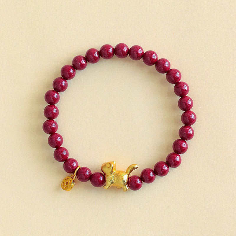 Buddha Stones Cute Lucky Cat Charm Garnet Cinnabar Calm Protection Beaded Bracelet - image 9