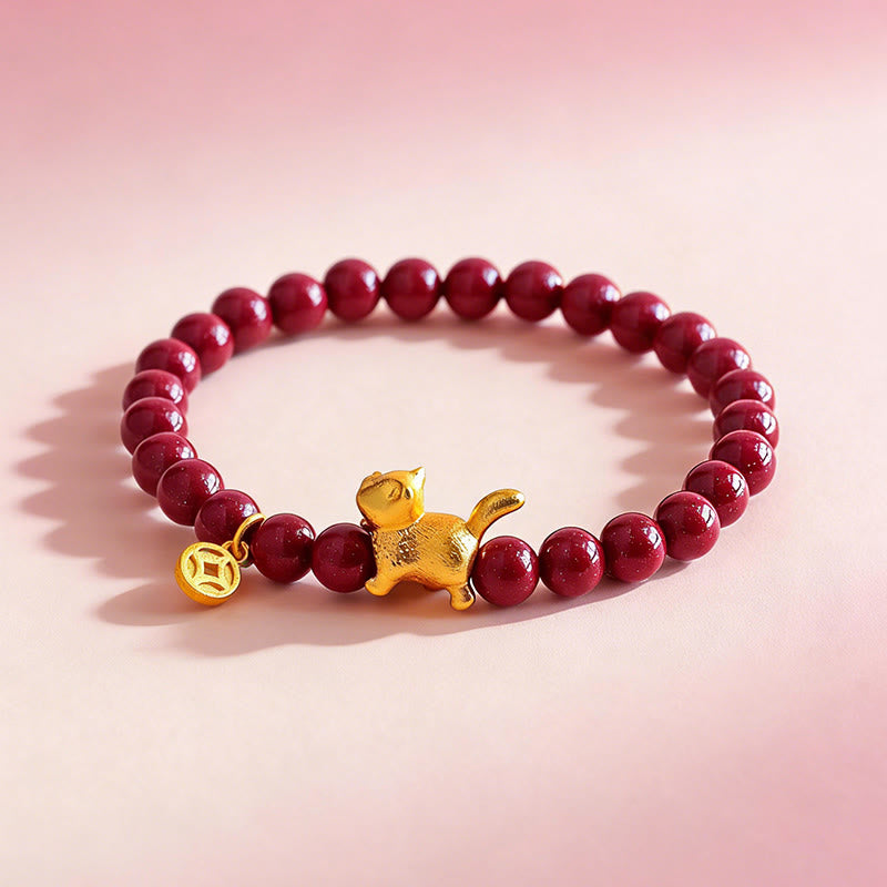 Buddha Stones Cute Lucky Cat Charm Garnet Cinnabar Calm Protection Beaded Bracelet - image 10