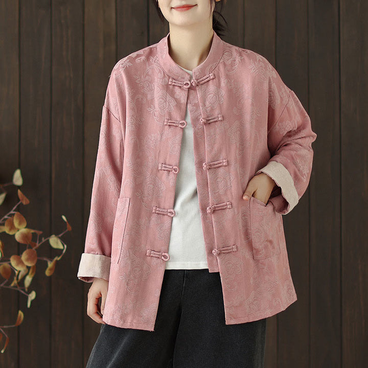 Buddha Stones Fall Floral Print Frog-Button Stand Collar Long Sleeve Women's Cotton Shirt - Pink - US8-10，UK/AU12-14，EU40-42 (2XL) - image 0