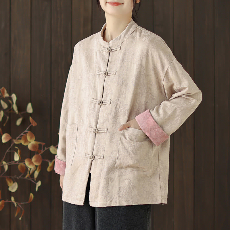 Buddha Stones Fall Floral Print Frog-Button Stand Collar Long Sleeve Women's Cotton Shirt - Beige - US8-10，UK/AU12-14，EU40-42 (2XL) - image 14