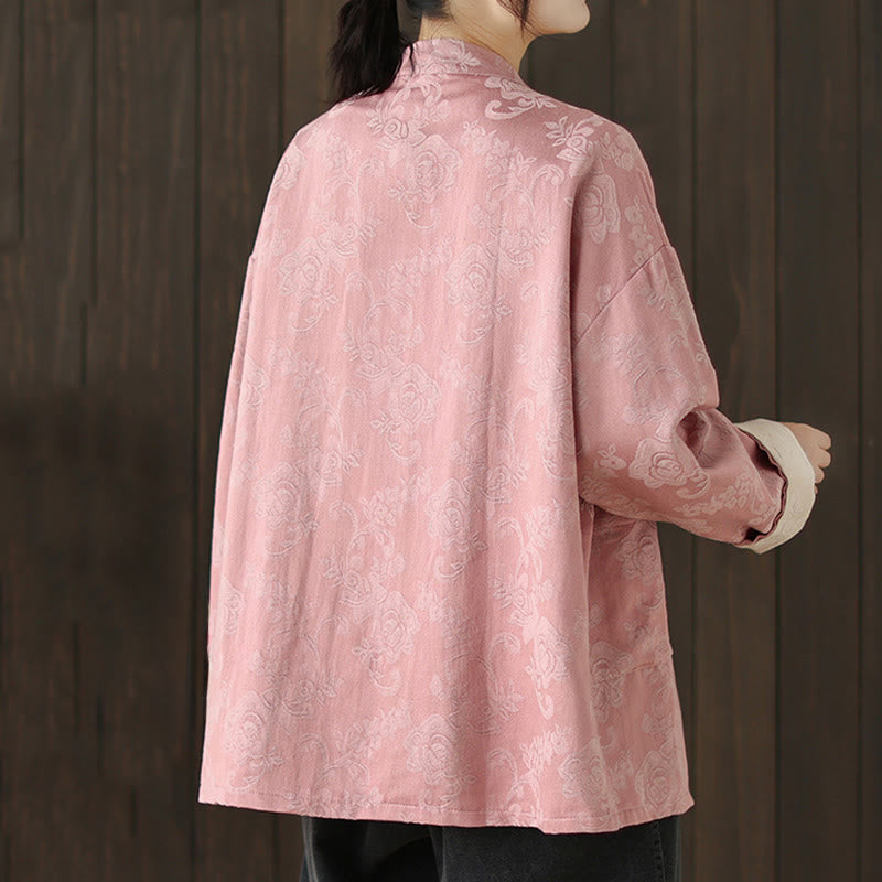 Buddha Stones Fall Floral Print Frog-Button Stand Collar Long Sleeve Women's Cotton Shirt - image 4