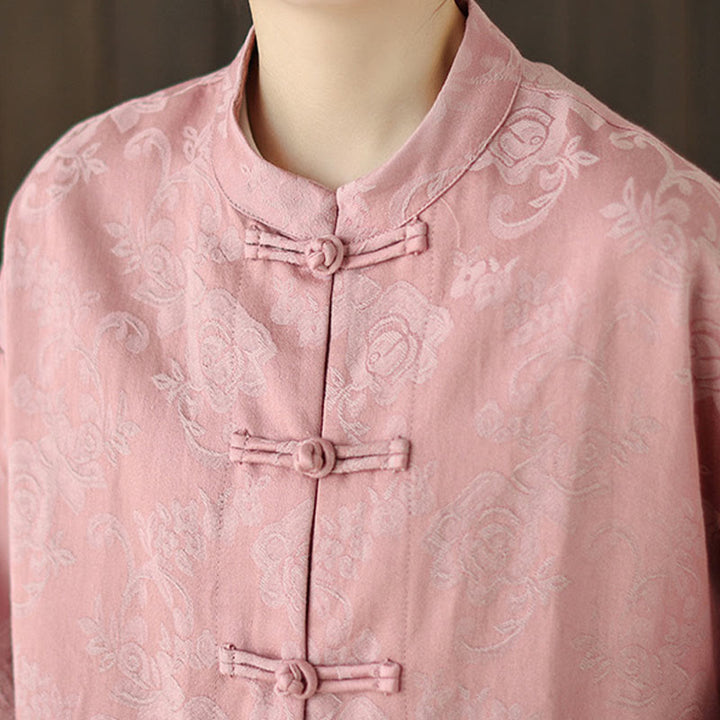Buddha Stones Fall Floral Print Frog-Button Stand Collar Long Sleeve Women's Cotton Shirt - image 6