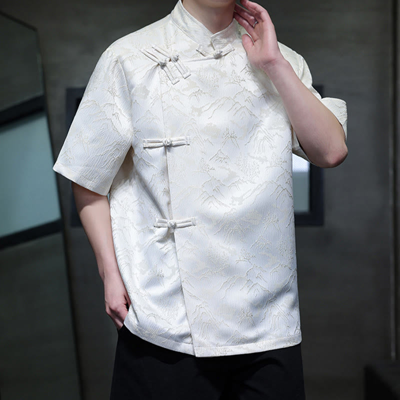 Buddha Stones Summer Mountain Pattern Jacquard Chinese Frog-Button Cotton Short Sleeve Men's Shirt - image 1