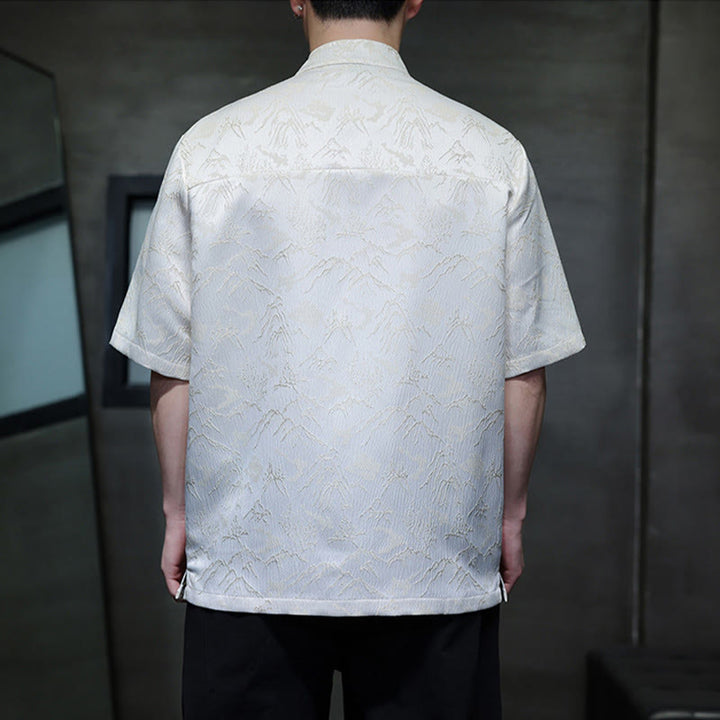 Buddha Stones Summer Mountain Pattern Jacquard Chinese Frog-Button Cotton Short Sleeve Men's Shirt - image 3