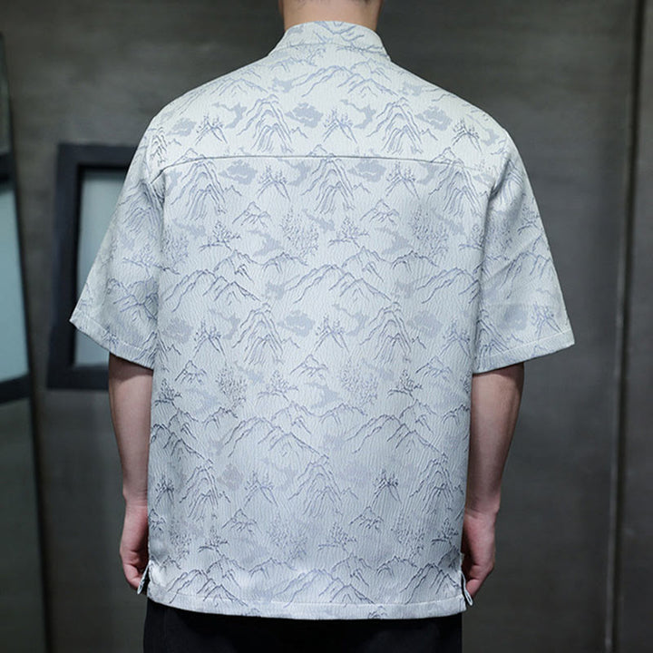 Buddha Stones Summer Mountain Pattern Jacquard Chinese Frog-Button Cotton Short Sleeve Men's Shirt - image 11