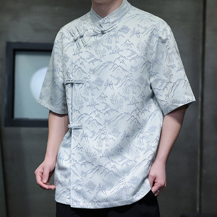 Buddha Stones Summer Mountain Pattern Jacquard Chinese Frog-Button Cotton Short Sleeve Men's Shirt - image 12