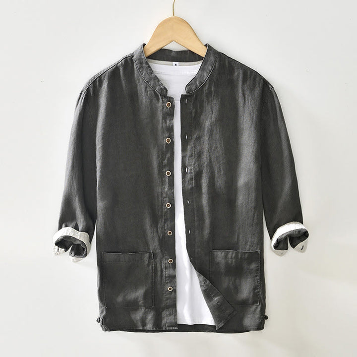 Buddha Stones Fall Solid Color Buttons Down Stand Collar Three Quarter Sleeve Linen Men's Shirt With Pockets - DarkGray - US/UK/AU42，EU52 (3XL) - image 0
