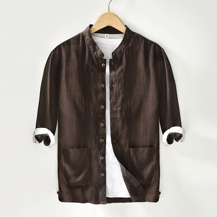 Buddha Stones Fall Solid Color Buttons Down Stand Collar Three Quarter Sleeve Linen Men's Shirt With Pockets - Sienna - US/UK/AU42，EU52 (3XL) - image 17