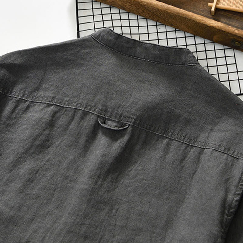 Buddha Stones Fall Solid Color Buttons Down Stand Collar Three Quarter Sleeve Linen Men's Shirt With Pockets - image 4