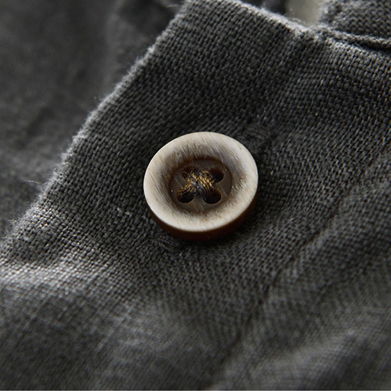 Buddha Stones Fall Solid Color Buttons Down Stand Collar Three Quarter Sleeve Linen Men's Shirt With Pockets - image 6