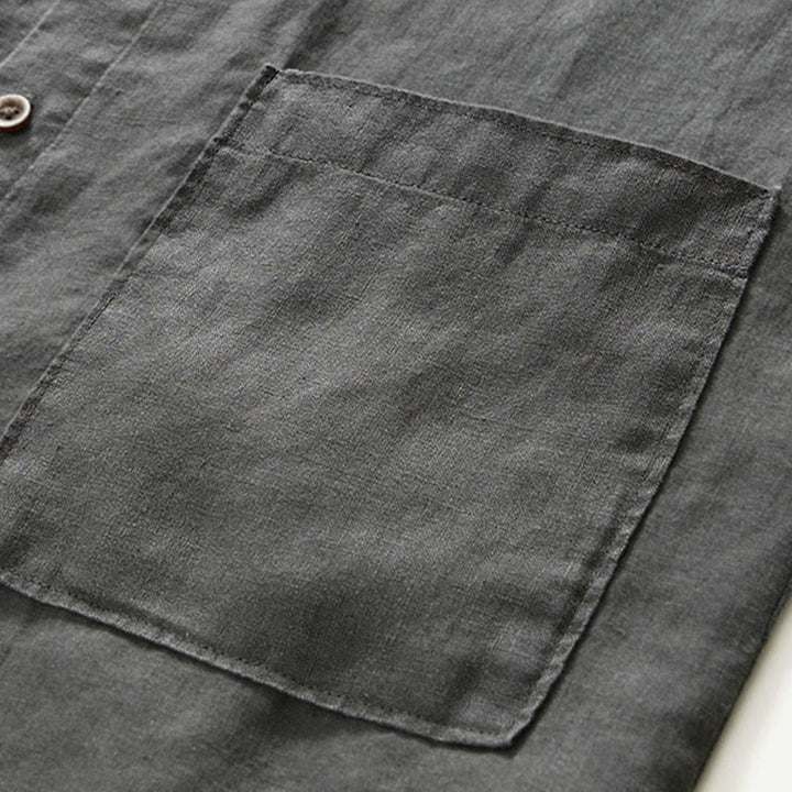 Buddha Stones Fall Solid Color Buttons Down Stand Collar Three Quarter Sleeve Linen Men's Shirt With Pockets - image 7