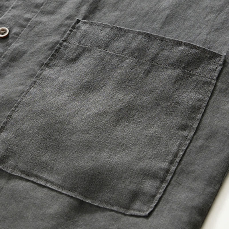 Buddha Stones Fall Solid Color Buttons Down Stand Collar Three Quarter Sleeve Linen Men's Shirt With Pockets - image 7