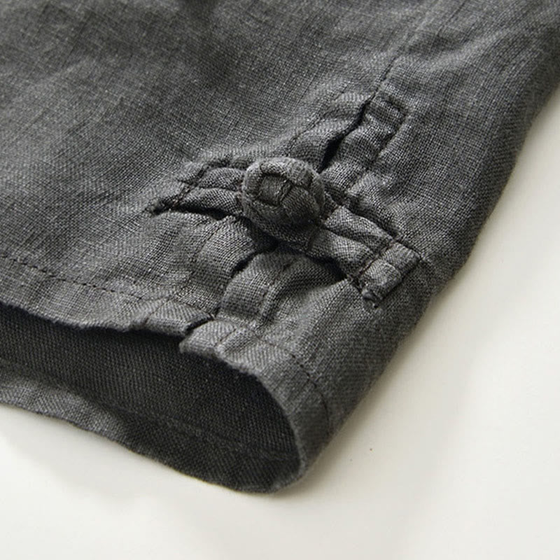 Buddha Stones Fall Solid Color Buttons Down Stand Collar Three Quarter Sleeve Linen Men's Shirt With Pockets - image 8