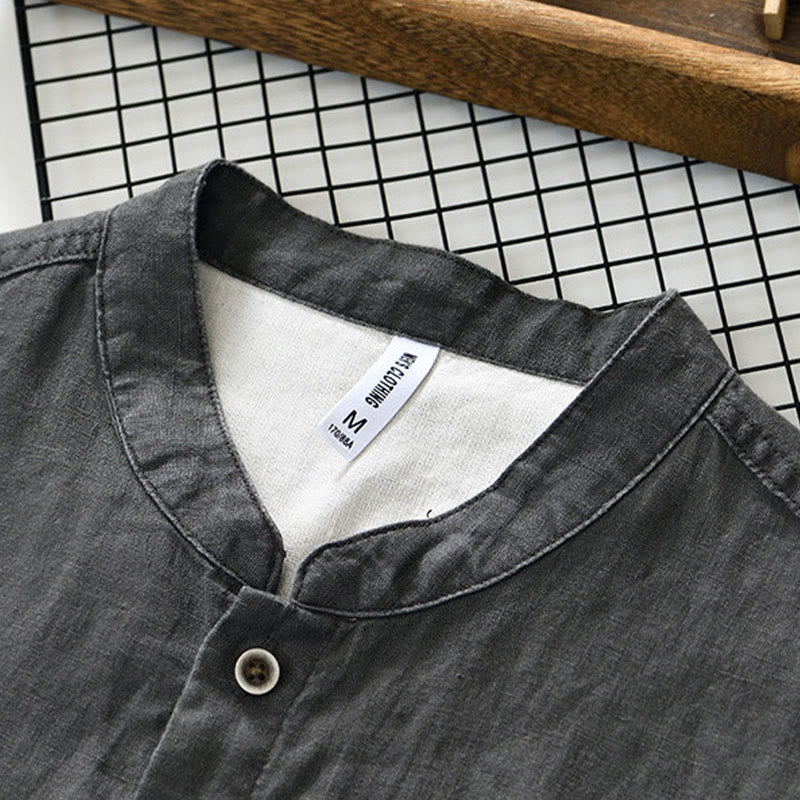Buddha Stones Fall Solid Color Buttons Down Stand Collar Three Quarter Sleeve Linen Men's Shirt With Pockets - image 3