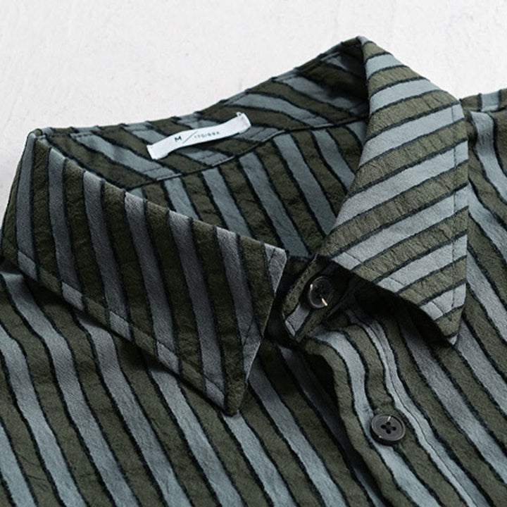 Buddha Stones Vintage Striped Buttons Down Stand Collar Long Sleeve Men's Cotton Shirt - image 2