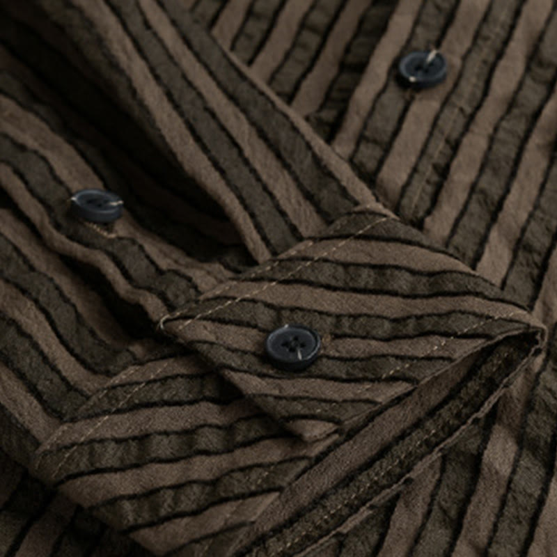 Buddha Stones Vintage Striped Buttons Down Stand Collar Long Sleeve Men's Cotton Shirt - image 12