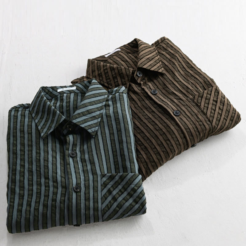 Buddha Stones Vintage Striped Buttons Down Stand Collar Long Sleeve Men's Cotton Shirt - image 18